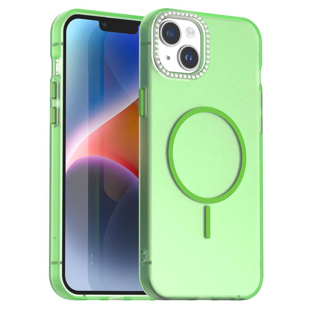 For iPhone 14/13 Case Compatible with MagSafe TPU+PC+PET Phone Cover Rhinestone Decor Lens Frame