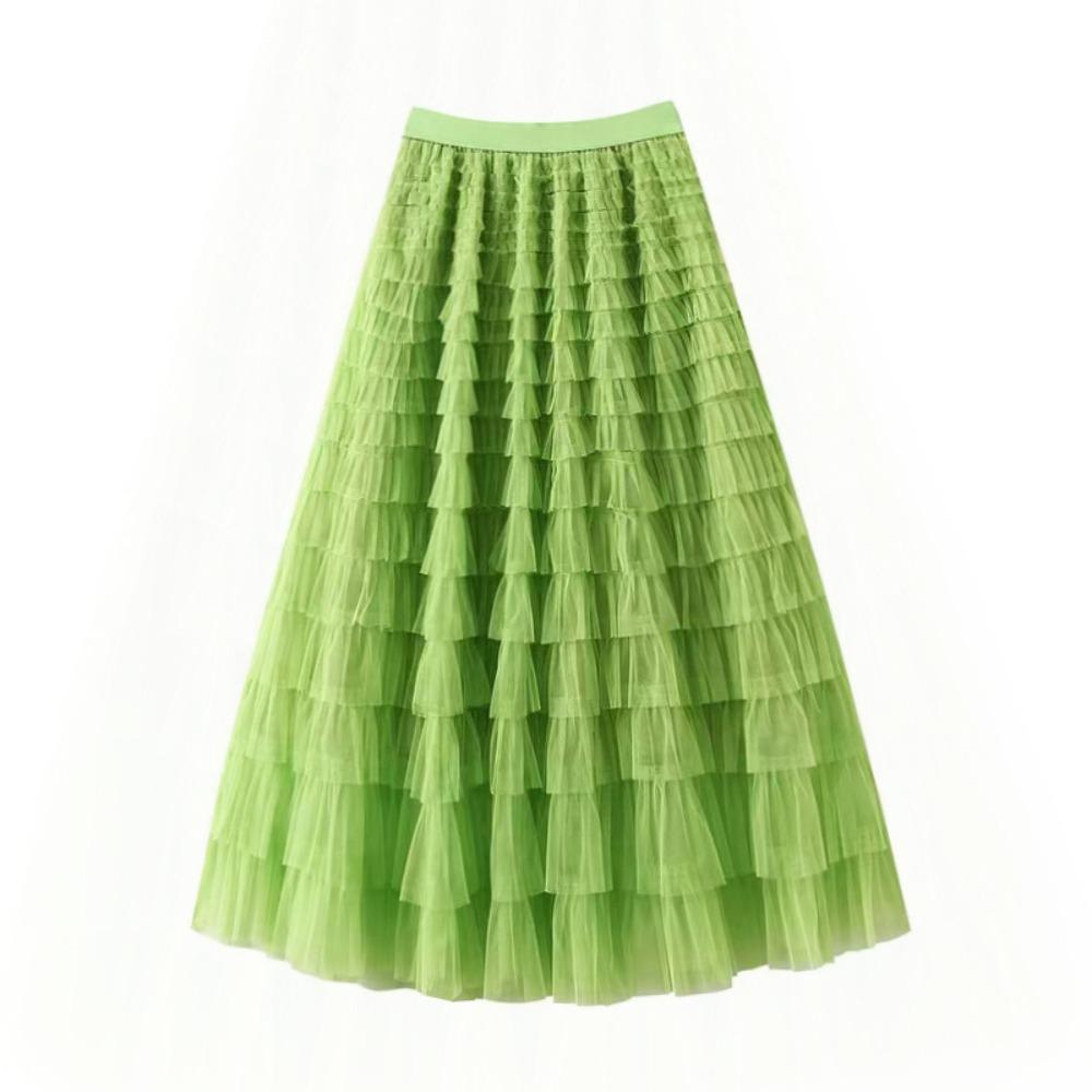 Women's Elastic Waist A‑Line Maxi Tulle Skirt Fresh Sweet Tiered Cake Long Skirt