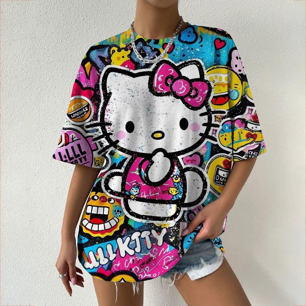 

Stylish women s shirts, Hello Kitty print short-sleeved T-shirts, plus-size women s clothing, street style retro clothing XXS