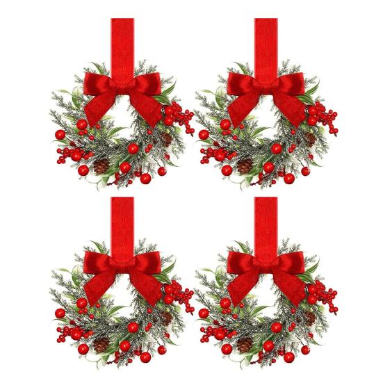 Mini vánoční věnec s červenou sametovou mašlí Dekorace na dvířka skříňky pro kuchyňské okno Selský dům Vchodové dveře Zeď Krb Bobulová girlanda