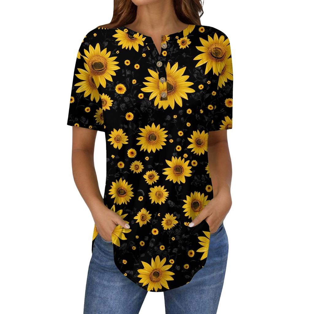 Kurzarm Damen Tops Sommer T-Shirts Blumendruck V-Ausschnitt Casual Basic Tee Button Shirts Tunika Tops