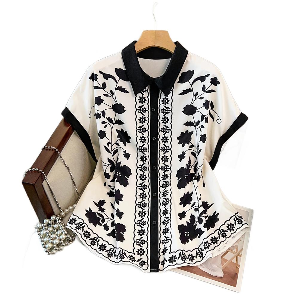 Women Contrast Collar Cuffed Short Sleeve Floral Print Button Down Loose Casual Vintage Blouse Shirt