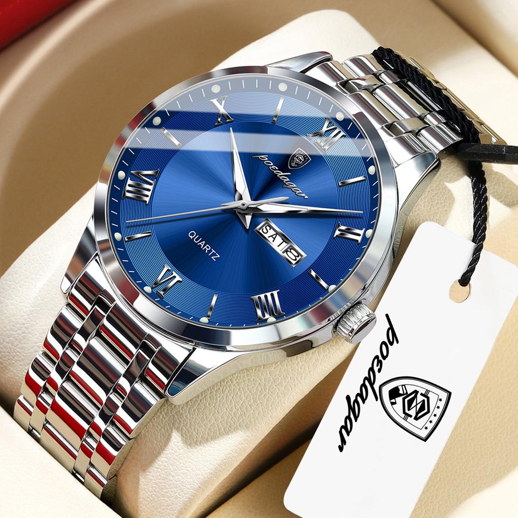 POEDAGAR Top Fashion Men Wristwatch Waterproof Luminous Week Date Quartz Male Clock Stainless Steel Business Men's Watches Reloj
