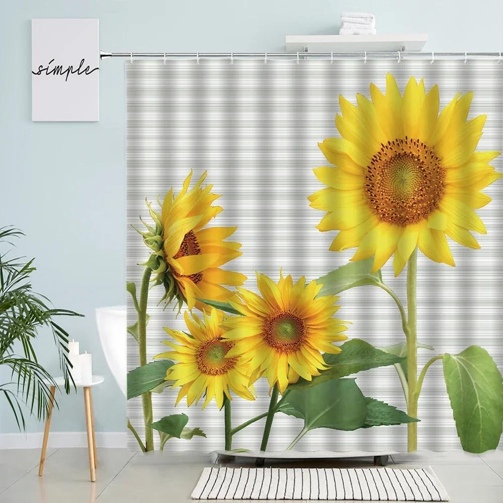 Natural Sunflower Shower Curtains Rural Scenery Floral Yellow Flower Green Leaves Plants Polyester Fabric Bathroom Curtain Decor