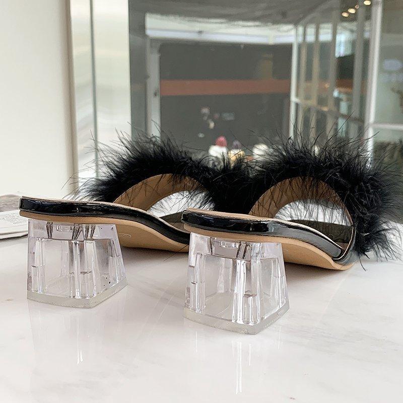 Fashion Fashion Slippers Women's Summer New Open Toe Plush Fox Fur Chunky with Flip Flops Sexy Home Banquet Square Toe Simple Pumps