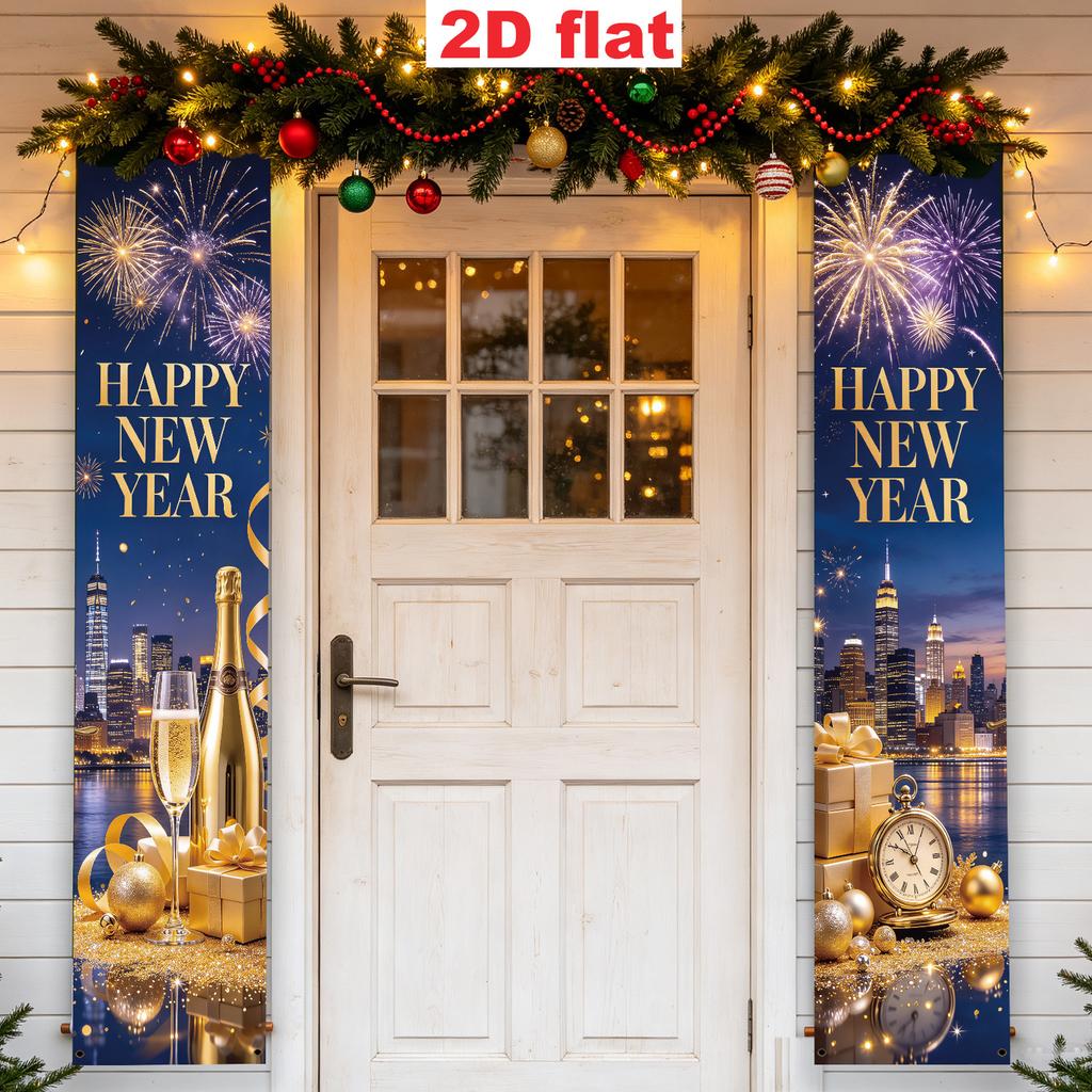 2D Flat, 2pcs FEYINNOV Square New Year Banner & Pull Flag Suitable for Parties, Sparkling Fireworks Night Sky with Golden Ribbon Sequin Vintage Clock