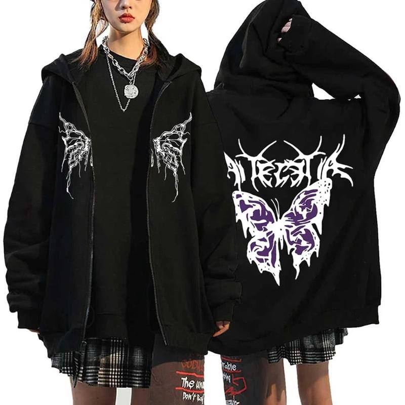 Fall Winter Trend Vintage Pattern Print Fleece Hoodie Zipper Men's Women's Loose Jacket Fashion Gothic Hip Hop Style Sweatshirt