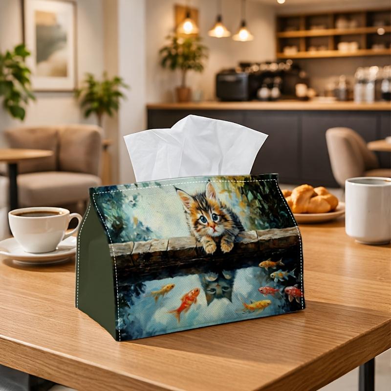 1pc Tissue Box Holder with Artistic Calm Animal Design-Kitten Watching Goldfish Reflection,Durable Polyester,Ideal for Kitchen,Living Room,Bedroom,Bat