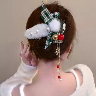 Tassel Plush Bow Christmas Hair Clip for Women - Elegant Updo Accessory, Claw & Duckbill Styles