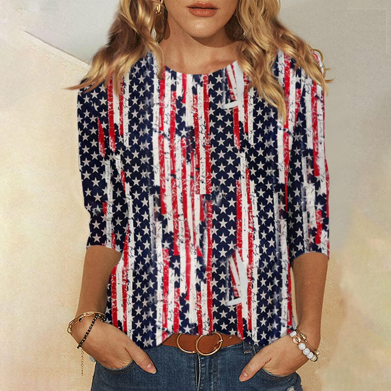 

Летняя женская мода, повседневная рубашка с рукавом три четверти, пуловер с круглым вырезом и принтом в честь Дня независимости, топ, блузка L красный