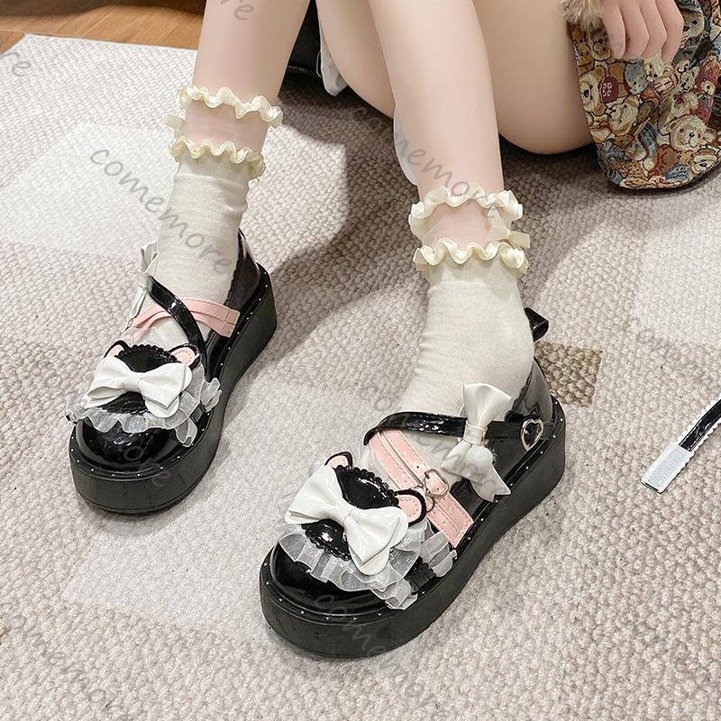 Comemore Sweet Girls Lolita Flat Platform Female Students Lace Bowknots Cute New Buckle Casual Girls Mary Janes  Shoes