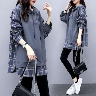 Women's Hooded Fake Two-Piece Sweatshirt Loose Plaid Patchwork Midi Tunic Top Plus Size Elegant Commuter Fall Blouse