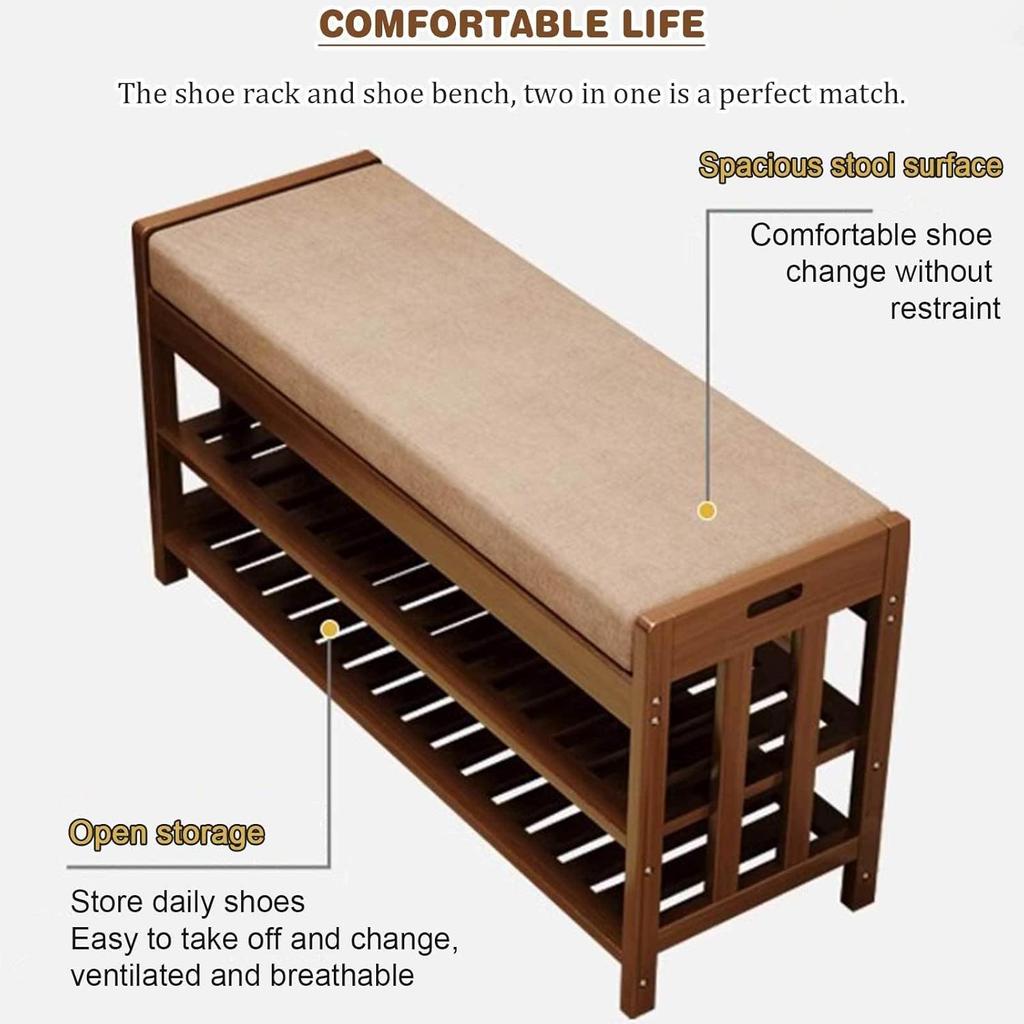 Bamboo Shoe Bench, 3-Tier Storage Rack for Entryway, End of Bed With Cushion, Hallway, Living Room, 19.7" L