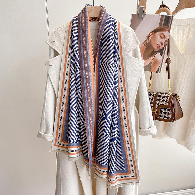 Winter Geometric Striped Imitation Cashmere Scarf Women'S Fashion Korean Version Ins Thickened Warm Travel Dual-Purpose Shawl