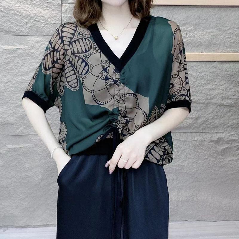 Vintage Fashionable Printed Half Sleeve T-shirt for Female Casual Loose V-Neck Shirring Pullovers Tops Summer Women's Clothing