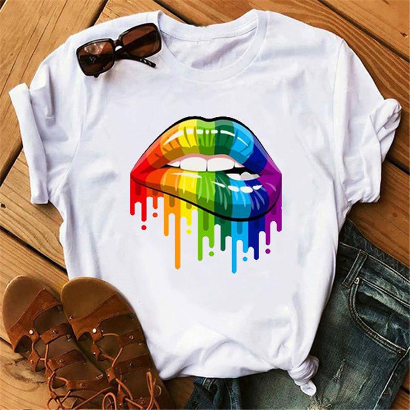 Women Summer T-shirt Red Lips Love Print White Crew Neck Short Sleeve T Shirts Casual Top For Girls