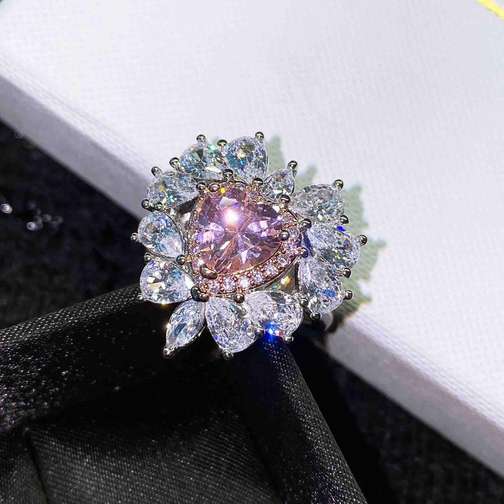 Open Ring Heart Shaped Pink Diamond Jewelry for Women Simulated Argyle Pink Diamond Cluster Ring