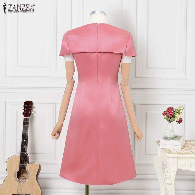 ZANZEA Women Casual Round Neck Short Sleeve Elegant A-line Dress