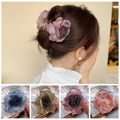 Mesh Simulation Flower Hair Claw Korean Style Flower Claw Clip Creative Rose Shark Clip  Beach