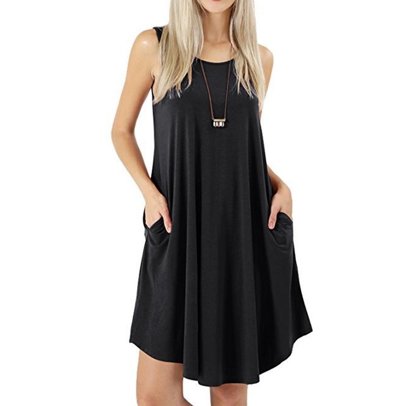 

Женское весенне-летнее повседневное платье-жилет без рукавов с карманами и круглым вырезом L чёрный