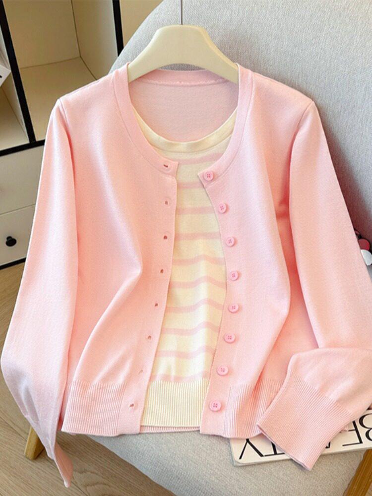2026 Autumn Korean Style Two-Piece Knit Cardigan: Women's Round Neck Long Sleeve Striped Patchwork Sweater.