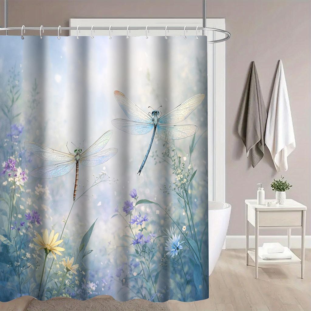Dragonfly And Flowers Shower Curtain Waterproof Easy To Clean Privacy Protection Print Nature Garden Design Soft Blue Art