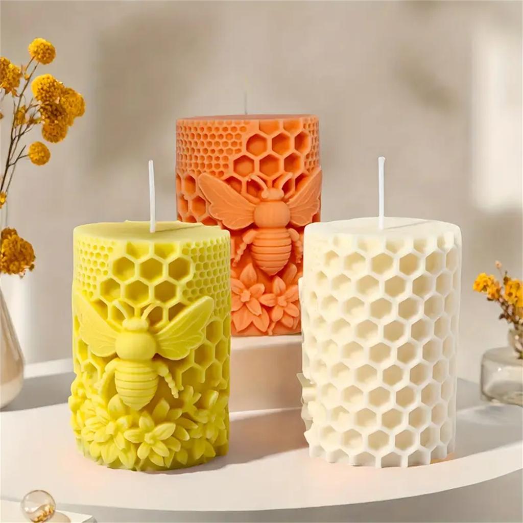 3D Κυψελωτή Κερί Στύλου Σιλικόνης Μούχλα DIY Ανάγλυφη Μέλισσα και Λουλούδι Κυψελωτός Κύλινδρος Κερί Αρωματοθεραπείας Μούχλα Γύψου Διακόσμηση