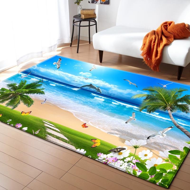 Cedar Deer Living Room Area Rug Beach Ocean 3D Carpet for Boys Girls Bedroom Rug Soft Play Floor Mat Anti-Slip Bathroom Mat