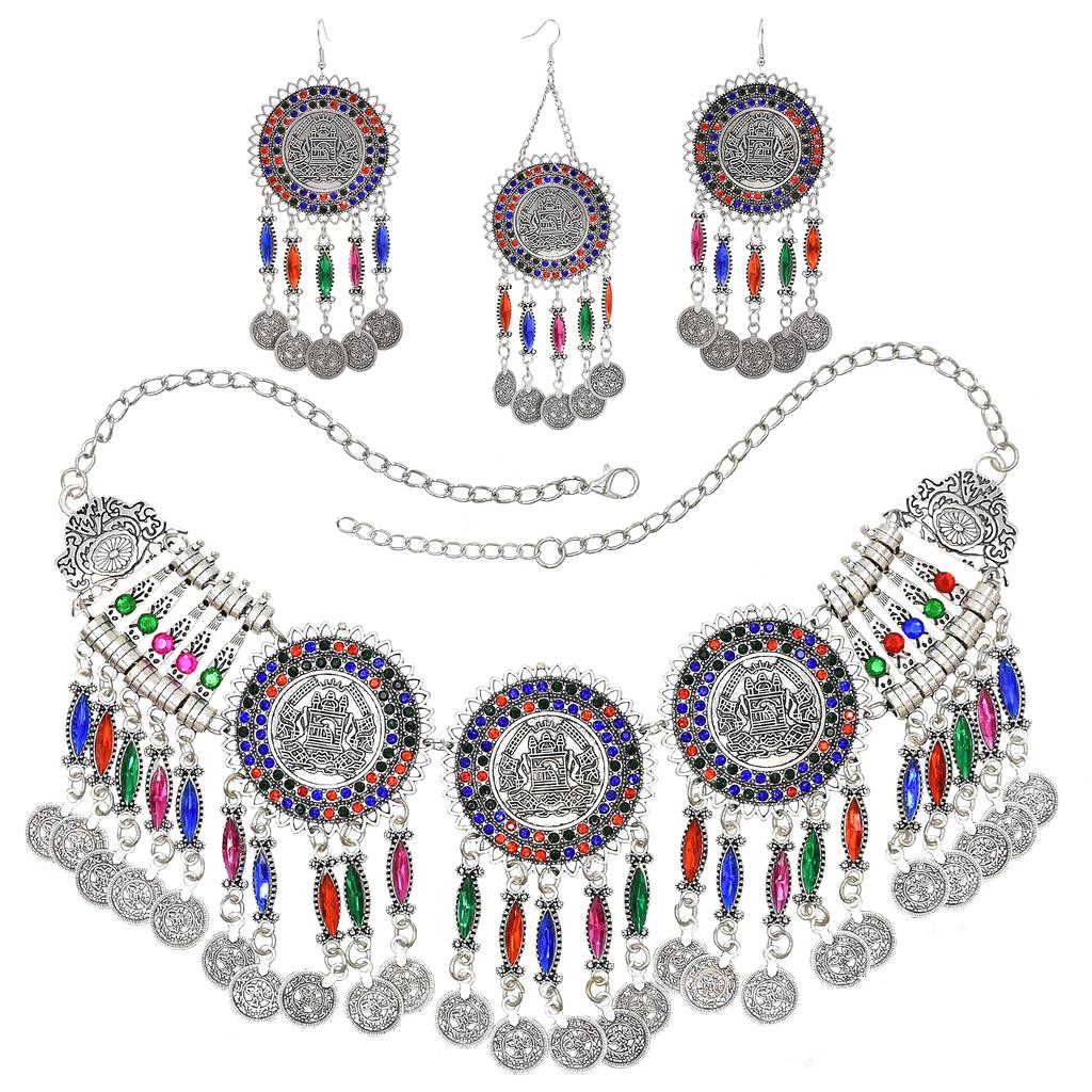 3pcs Indian Afghan Zircon Sets Necklace Earrings Hairbands for Women Boho Ethnic Coins Tassels Colorful Crystal Drop Accessory