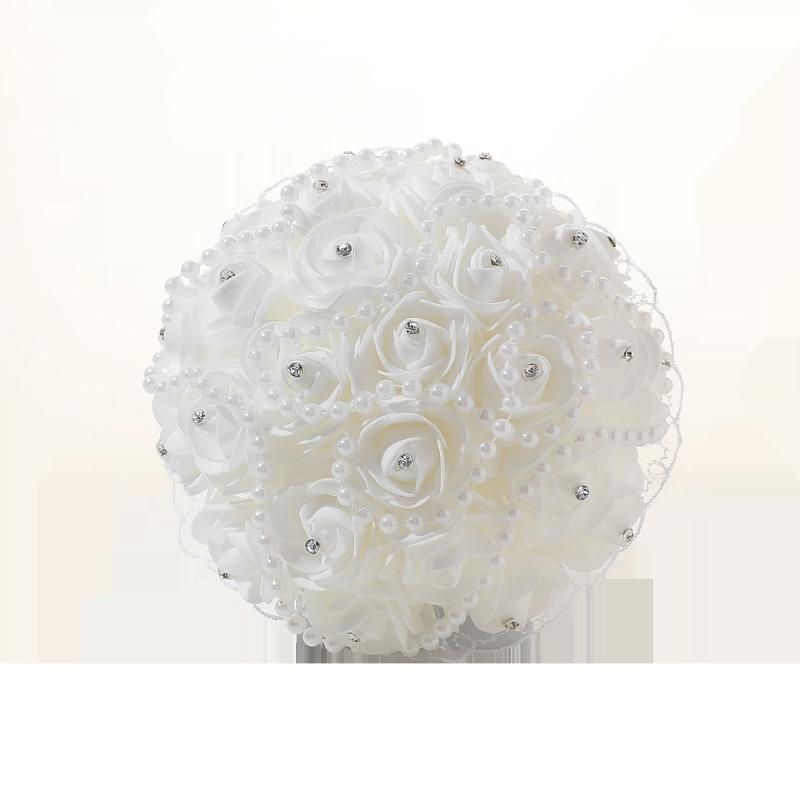Elegant Pearls Ribbon Bridal Flower Bouquet with Rhinstones Studs for Bride and Bridesmaid Special Occasion Photo Props