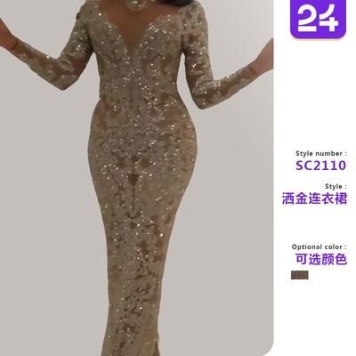 Autumn and Winter New Women's Clothing Slim-fitting V-neck Bronzing Long-sleeved Slim-fitting Sexy Long Dress Evening Dress