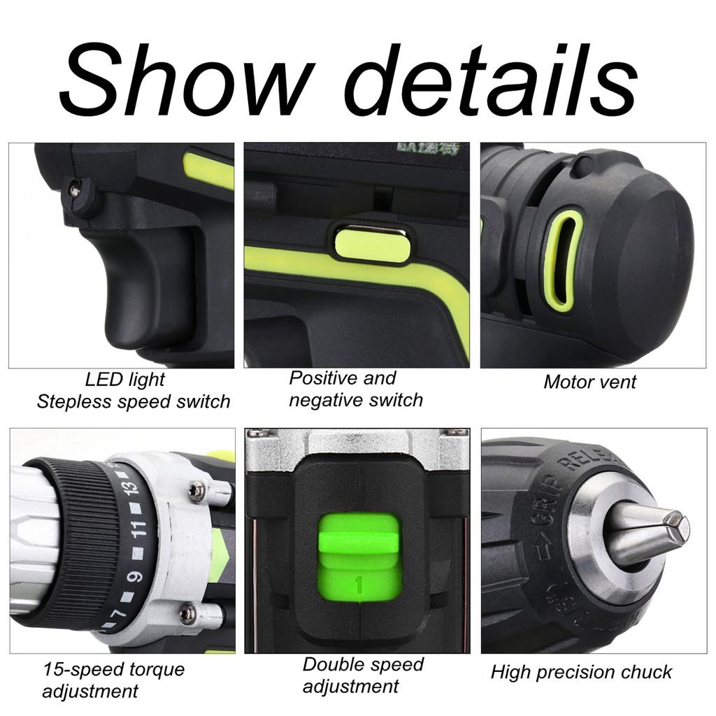 15-speed Double Speed Power Power Tool 100-240V AC Rechargeable Electric Screwdriver Wireless Cordless Drill Hammer Drill Battery LED Light