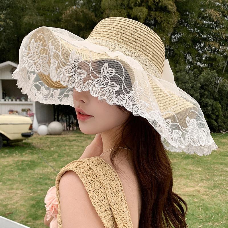 Summer Bow Sun Hat Female, Seaside Beach Vacation Sun Hat Outdoor Big Brim Sun Hat Sweet Straw Hat