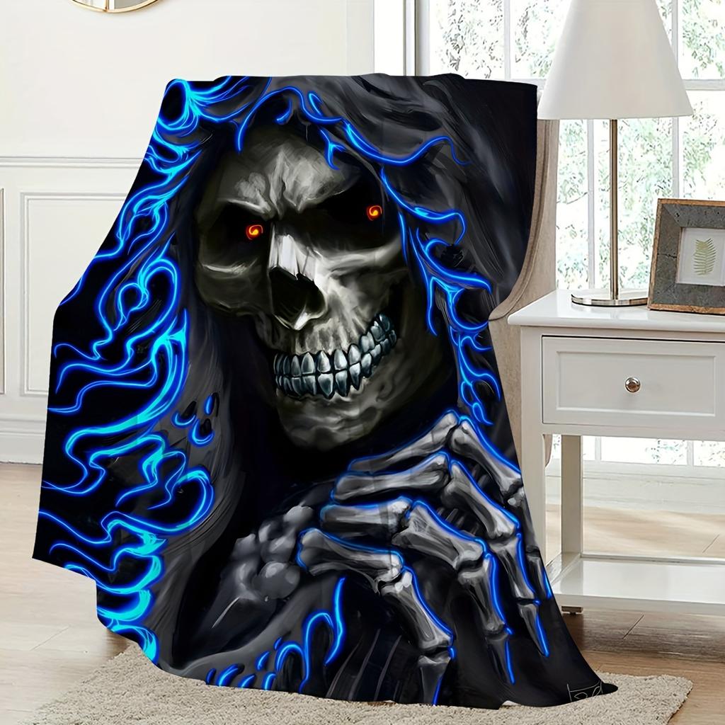 1pc Flannel Creative Skull Print Blanket Comfortable And Soft Throw For Gift all Seasons Blankets Nap Sofa Blanket For Halloween
