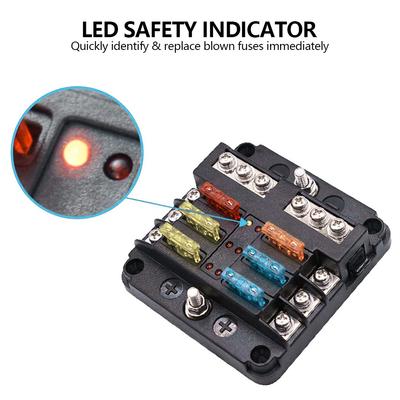 Boîtier de support de boîte à fusibles pour voiture à lames 6 voies Support de bloc de fusibles universel pour bateau marin Panneau de distribution d'alimentation 12/36V avec indicateur d'avertissement