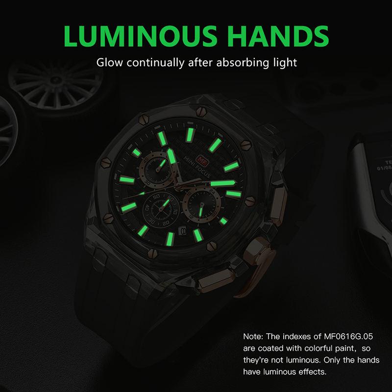 Multifunctional Casual Quartz Watch Mens Watches Waterproof Transparent Case Wrist Watch with Luminous Hands