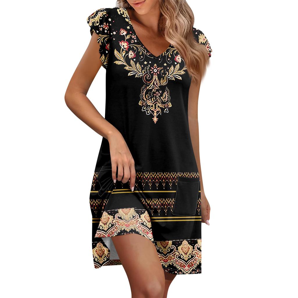 Womens Summer Dress Ruffle Sleeve V Neck Short Dresses Fashion Casual Flowy A Line Swing Sundress With Pocket