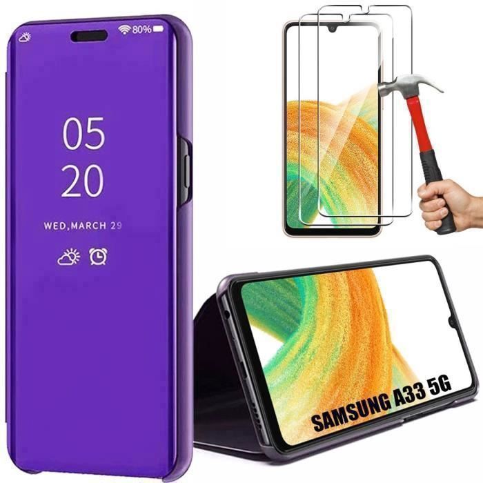 Coque pour Samsung Galaxy A33 5G Violet Clear View Elégante Anti-Rayure + 2 Verres Trempés