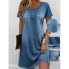 Women'S Stretch Dress Digital Print, Imitation Faux Denim Shirt Pattern, Fake Pockets, Breathable Stretch Crew Neck Short Sleeve T-Shirt Dress