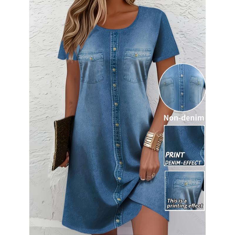 Women'S Stretch Dress Digital Print, Imitation Faux Denim Shirt Pattern, Fake Pockets, Breathable Stretch Crew Neck Short Sleeve T-Shirt Dress