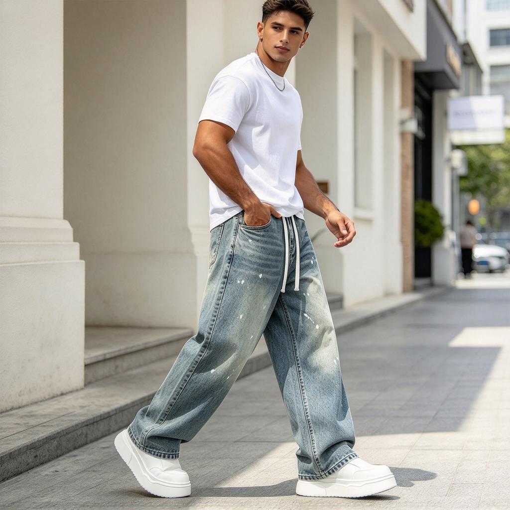 Herren Locker geschnittene Denim-Cargo-Hose, Ausgewaschene Gerade Weitbeinige Jeans für Lässige Streetwear