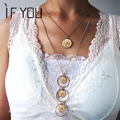 Fashion Multilayer Head Coins Pandent Necklace Sexy Boho Statement Double Deck Chain Women Jewelry
