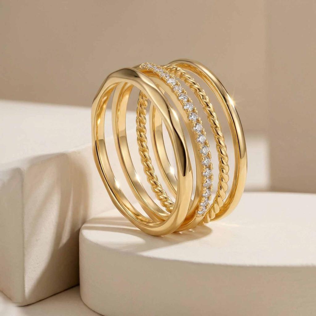 Stackable Rings for Women 14k Gold Plated Twist Band Micro Pave CZ Comfort Fit Midi Knuckle Ring Set s Pack Jewelry