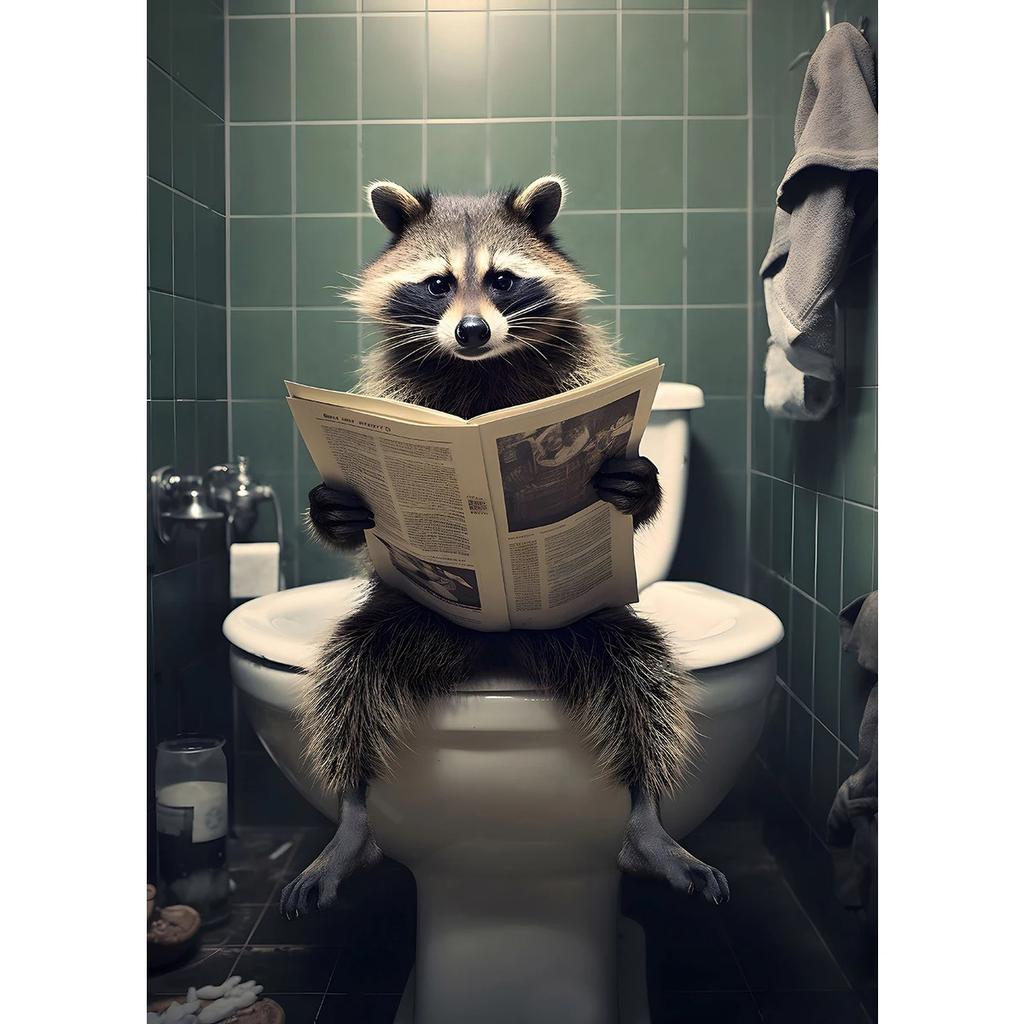 Dog Monkey Highland Cow Sitting on The Toilet Reading Newspaper Poster Animal Print Canvas Painting Funny Bathroom Wall Decor