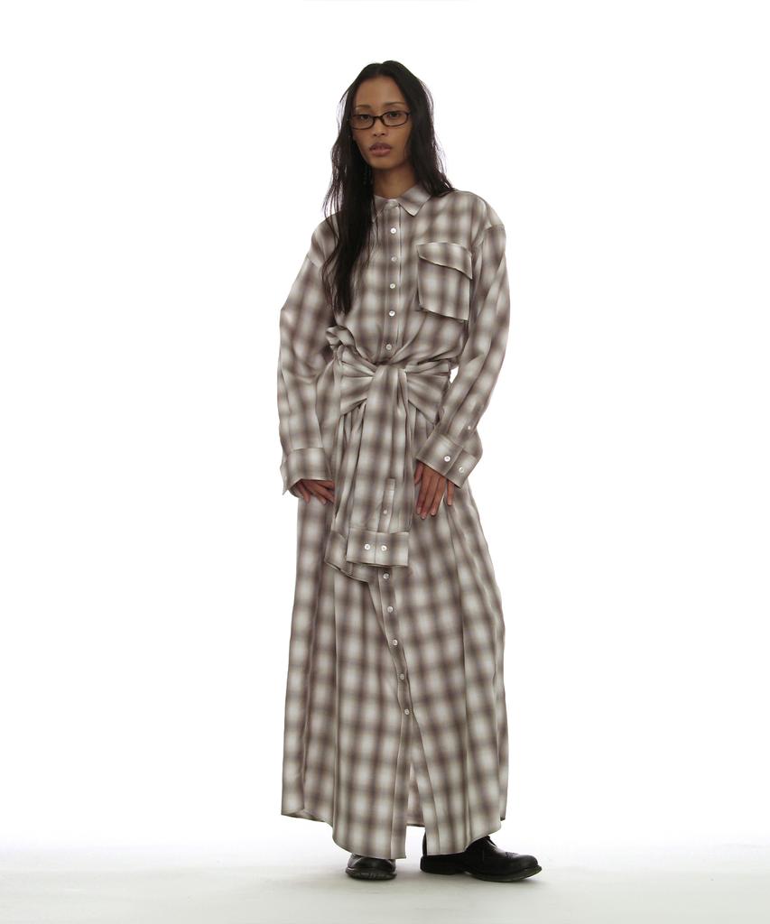 PARTIMENTO WOMEN Sleeve-Tie Shirt Maxi Dress_Beige Check