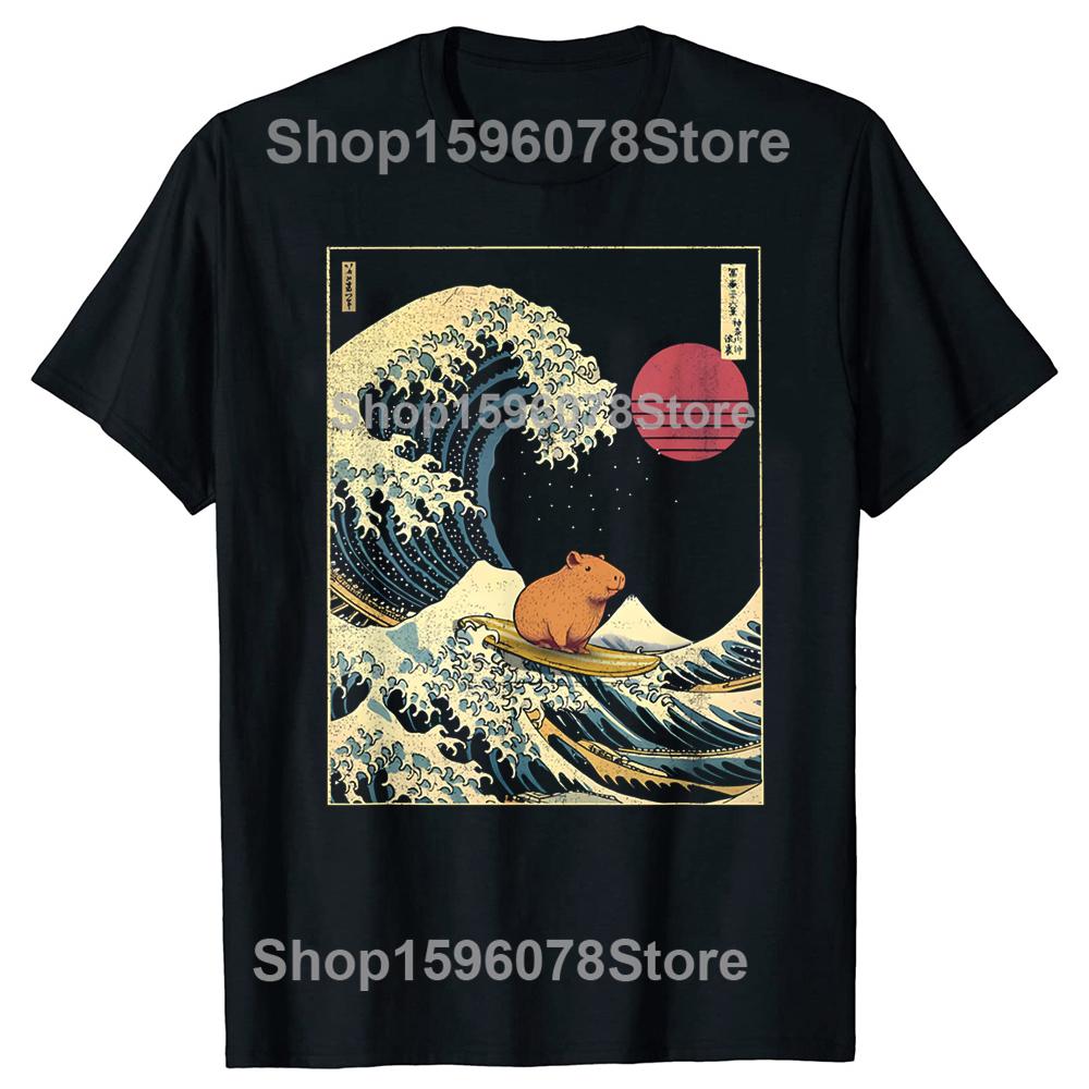 

Capybara Japanese Wave Funny Surf Animal T Shirts Men Pure Cotton Humor Streetwear Tee Shirt Short Sleeve Unisex Loose Clothing 4XL
