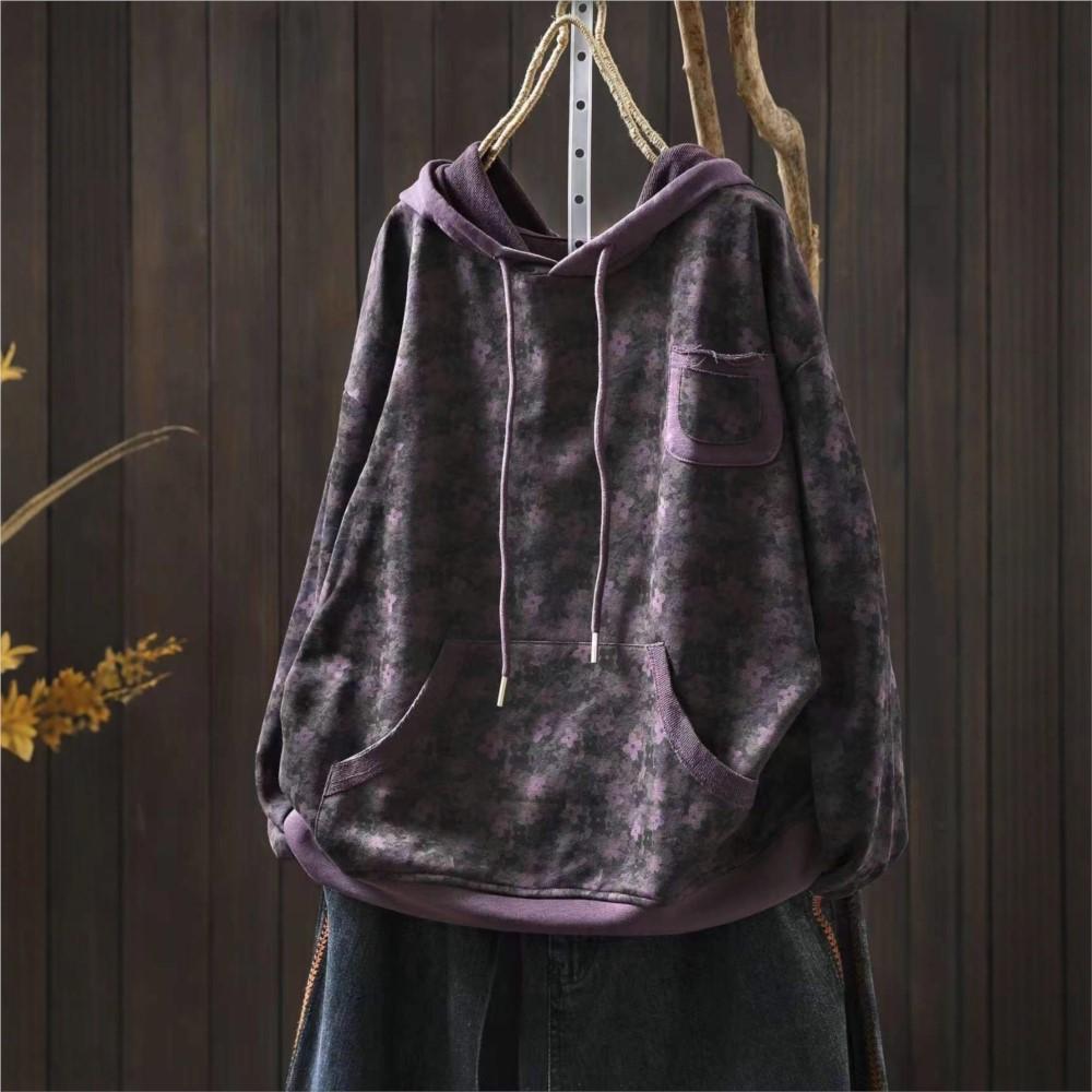 Johnature Women Vintage Print Floral Hooded Sweaters Pullover Pockets Autumn Casual Terry Long Sleeve Female Sweaters