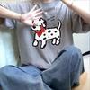 American Retro Spotted Dog Gray Front Shoulder Short-sleeved T-shirt Women's Summer Chic Hong Kong Flavor Loose and Thin Half-sleeved Top