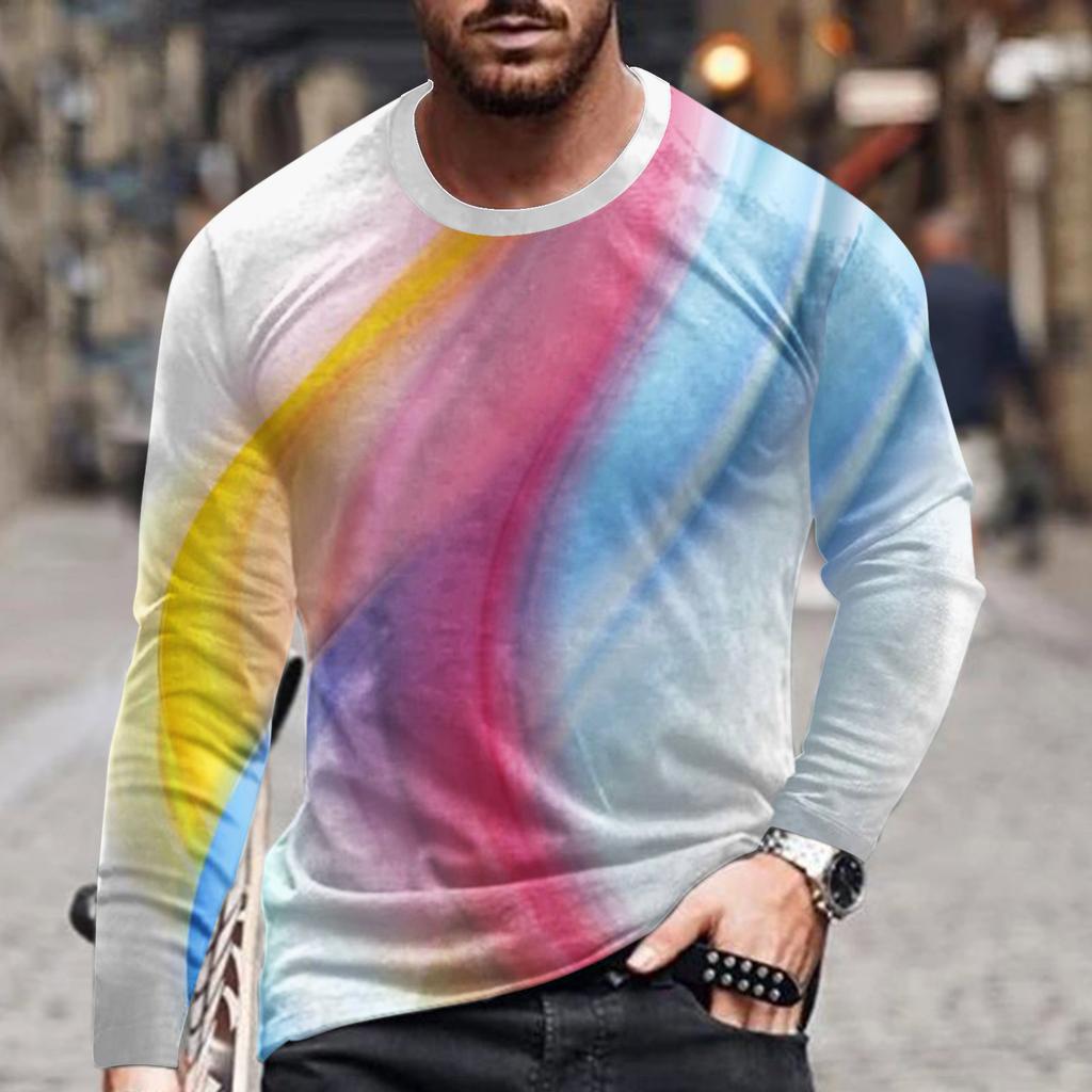 Spring and Autumn Round Neck 3D Line Printed Top Fashionable Casual Simple Long Sleeved Men's T-shirts