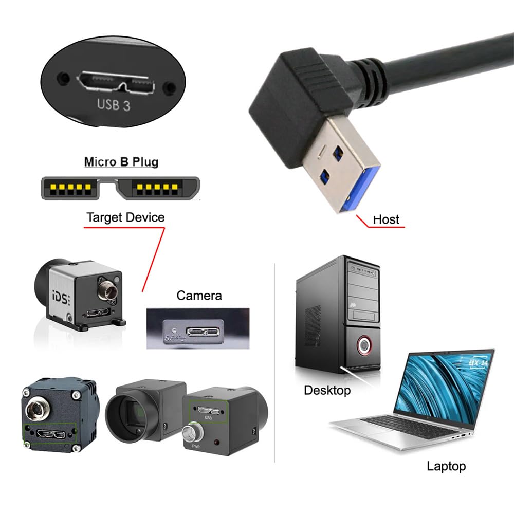 Xiwai 90stupňový USB A samec host k zástrčce s aretačními šrouby a 5Gbps daty pro diskové kamery nahoru zahnutý 3.0 Micro-B 3.0 panel, kabel, 25cm,